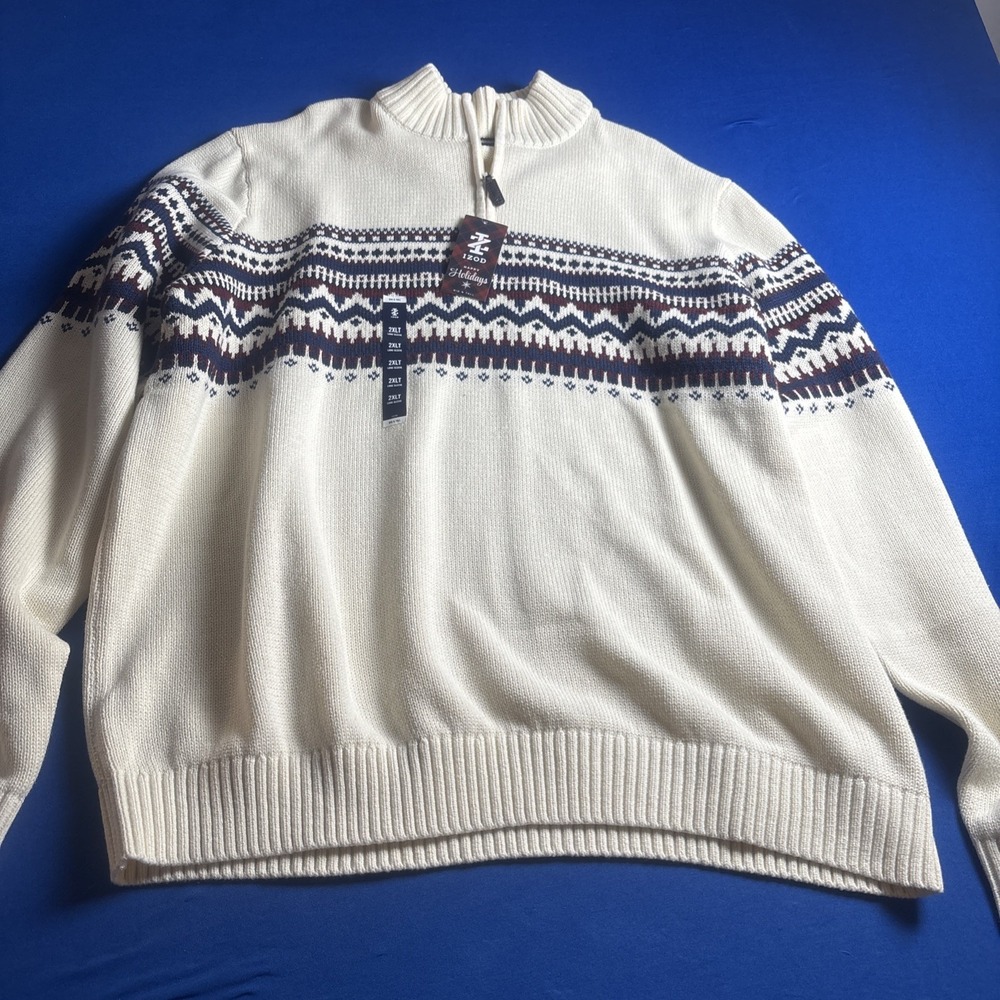 IZOD Mens Holiday Long Sleeve Quarter Zip Sweater Vanilla XXL New Heavy